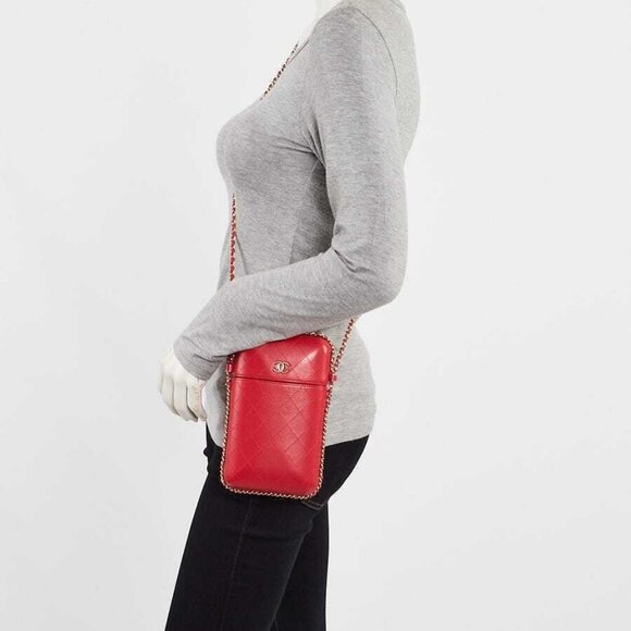 Chanel Red Quilted Lambskin Leather Phone Holder with Chain Bag - Picture 3 of 9